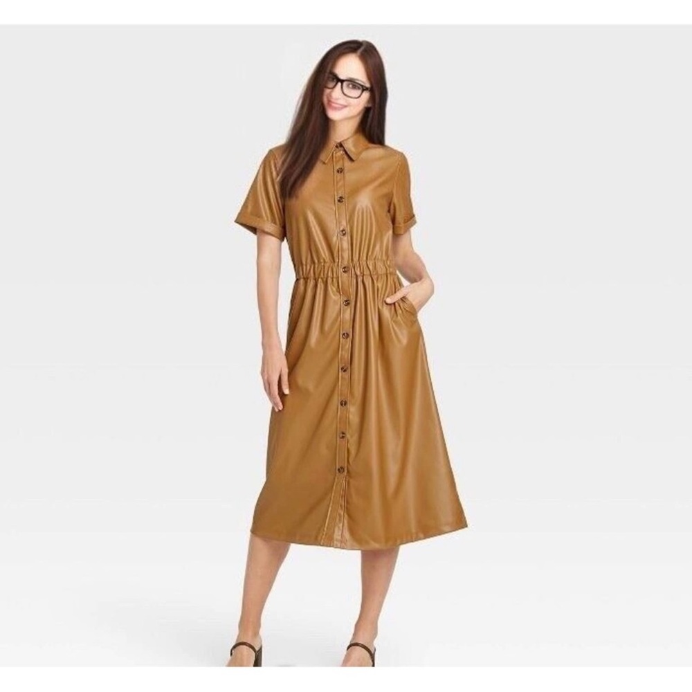 Who What Wear Brown Button-Down Faux Leather  Midi Dress, Size: Medium